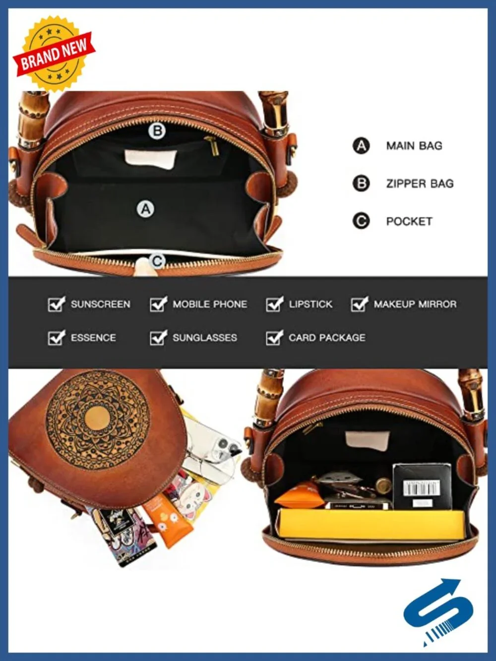Top Cowhide Leather Satchel Handbag with Detachable Strap